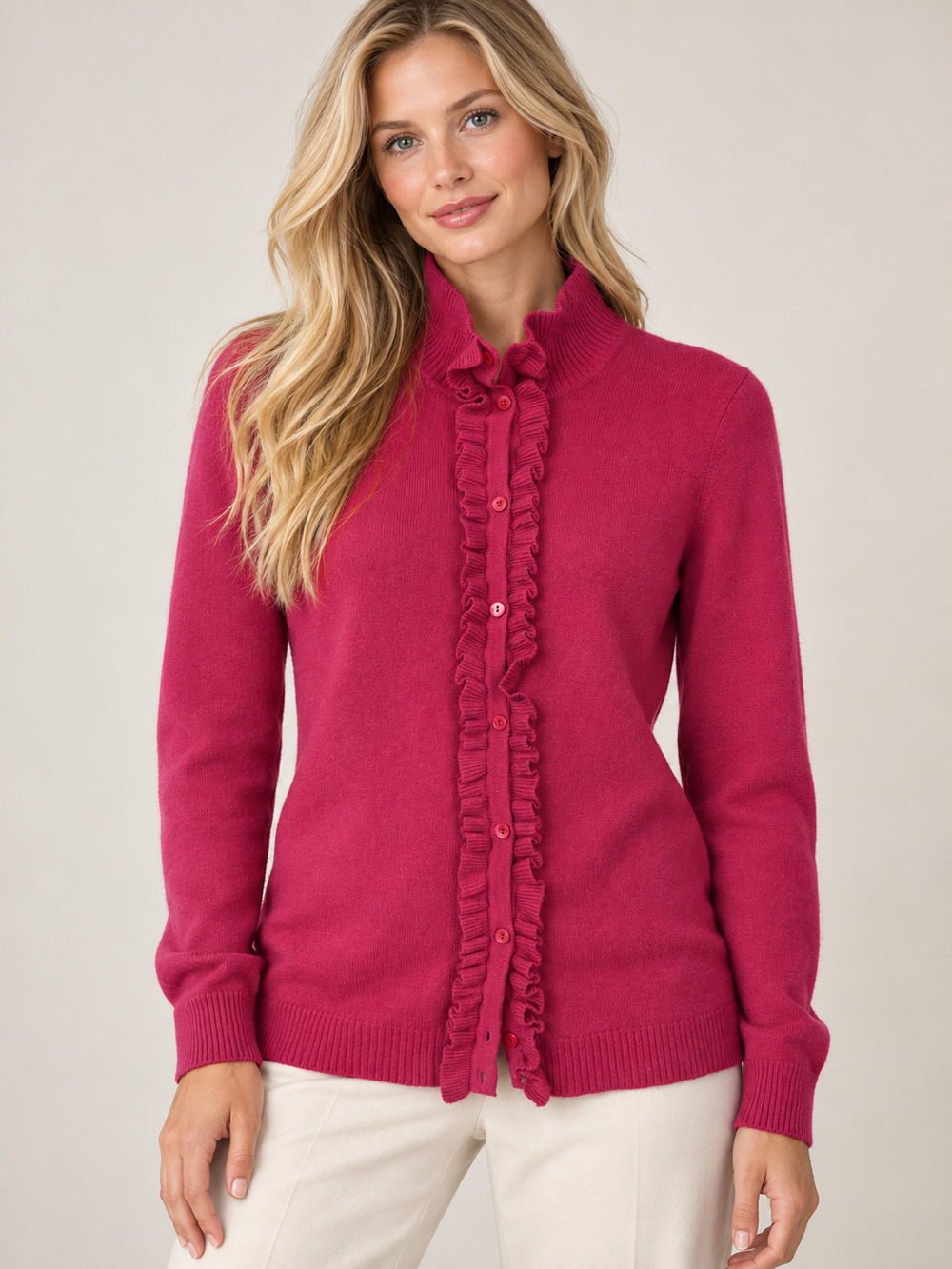 McDuff Ruffle Cardigan Raspberry Pink Cashmere S #A6508